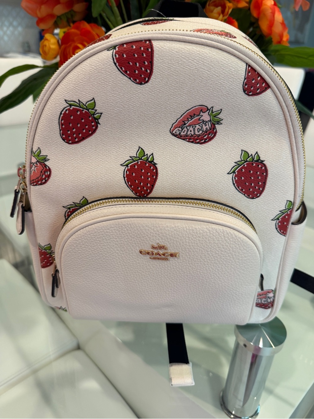 Coach White Mini Backpack with Red Strawberry Print